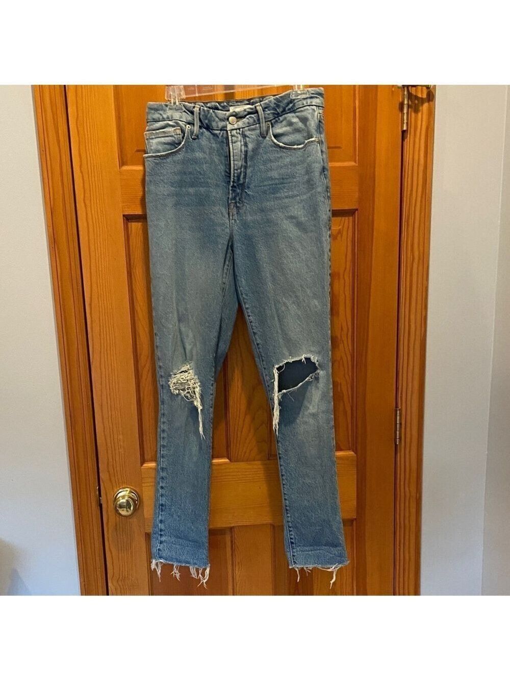 Good American High Rise Straight Leg Distressed Light Wash Jeans Size 4/27
